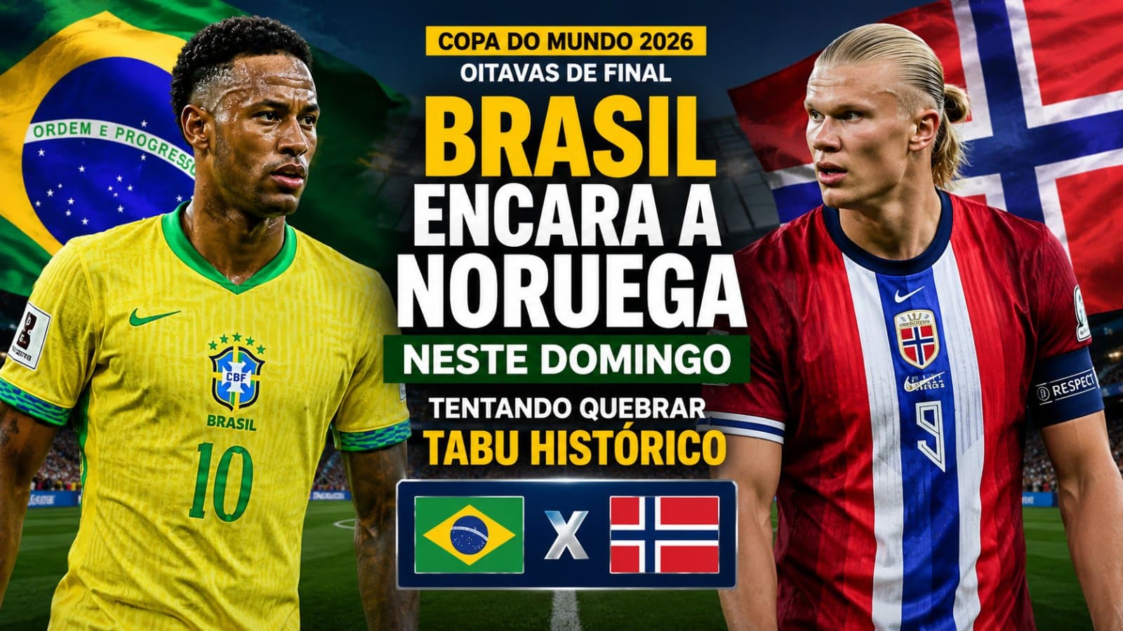 Capa editorial RT Notícias sobre o jogo Brasil x Noruega nas oitavas da Copa do Mundo 2026