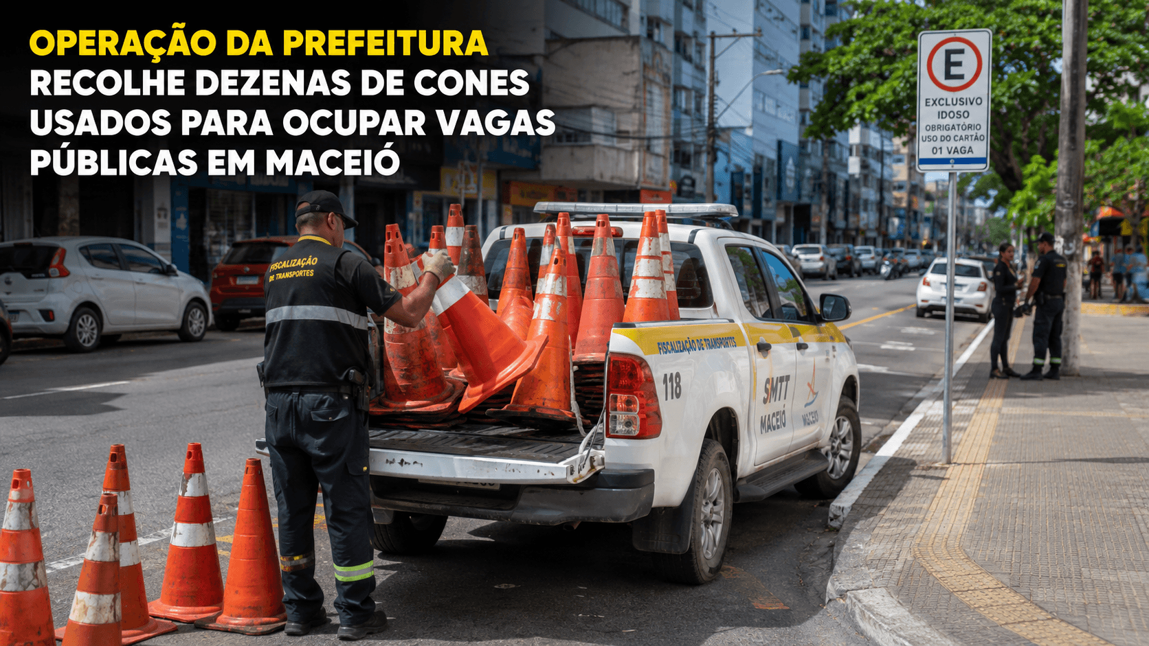 Ilustração editorial de fiscalização de trânsito com cones em via urbana