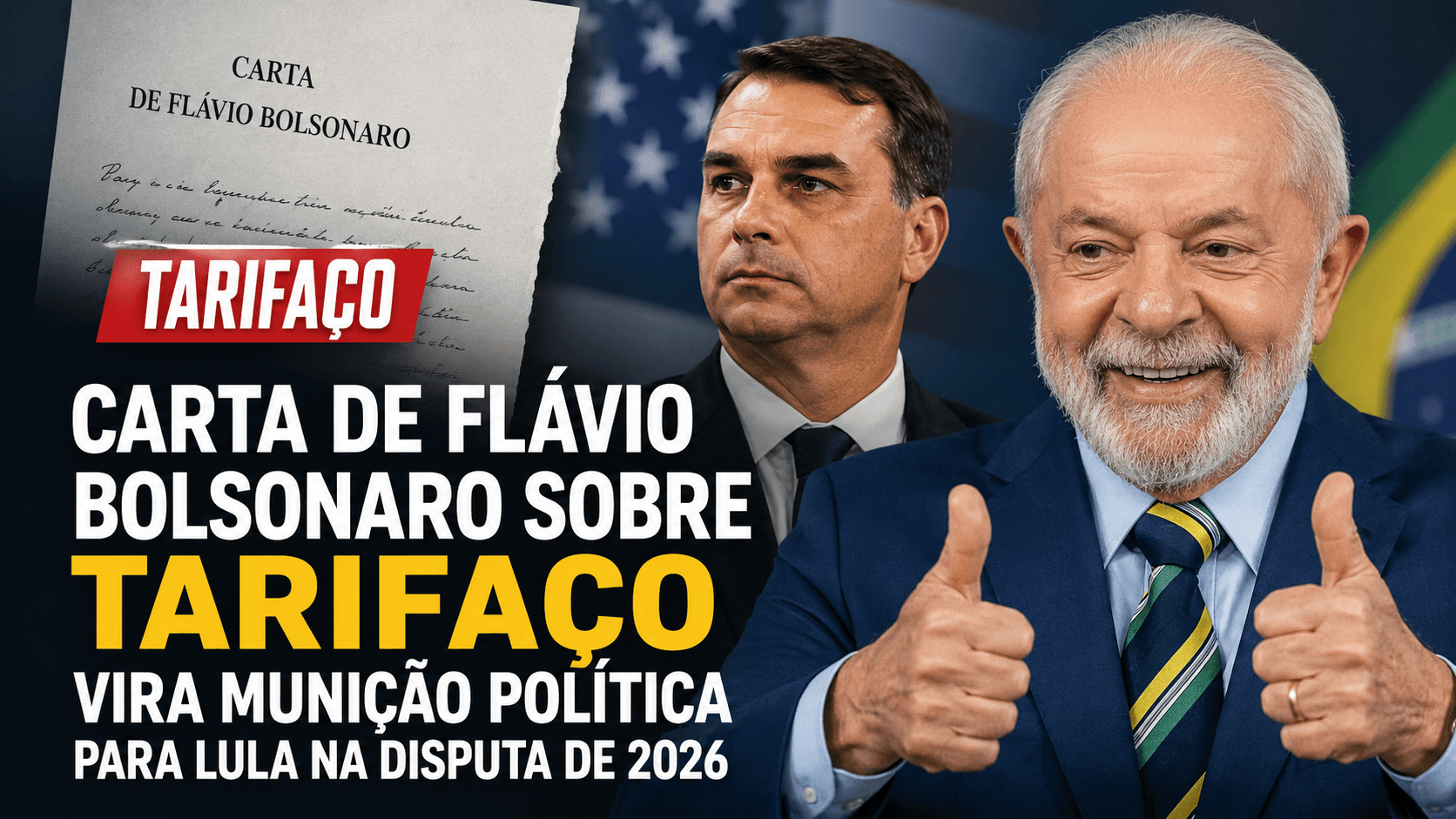 Ilustração editorial conceitual de bandeiras do Brasil e dos Estados Unidos representando disputa comercial