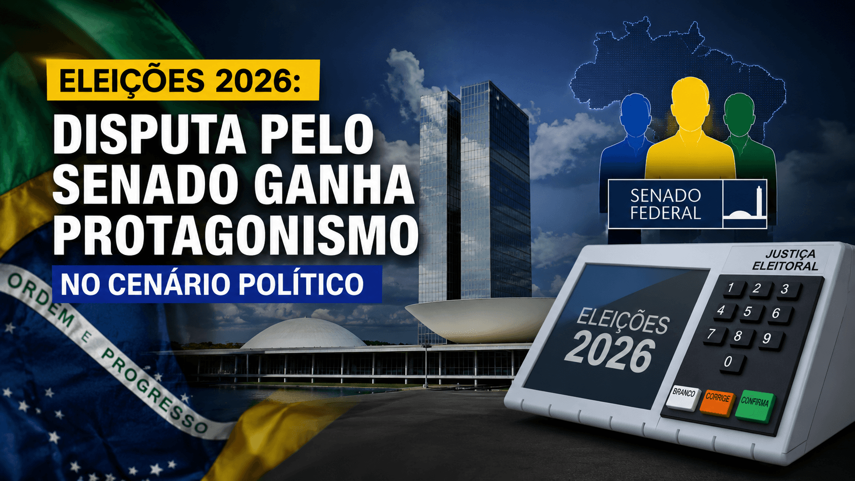 Capa editorial RT Notícias sobre a disputa pelo Senado nas eleições de 2026
