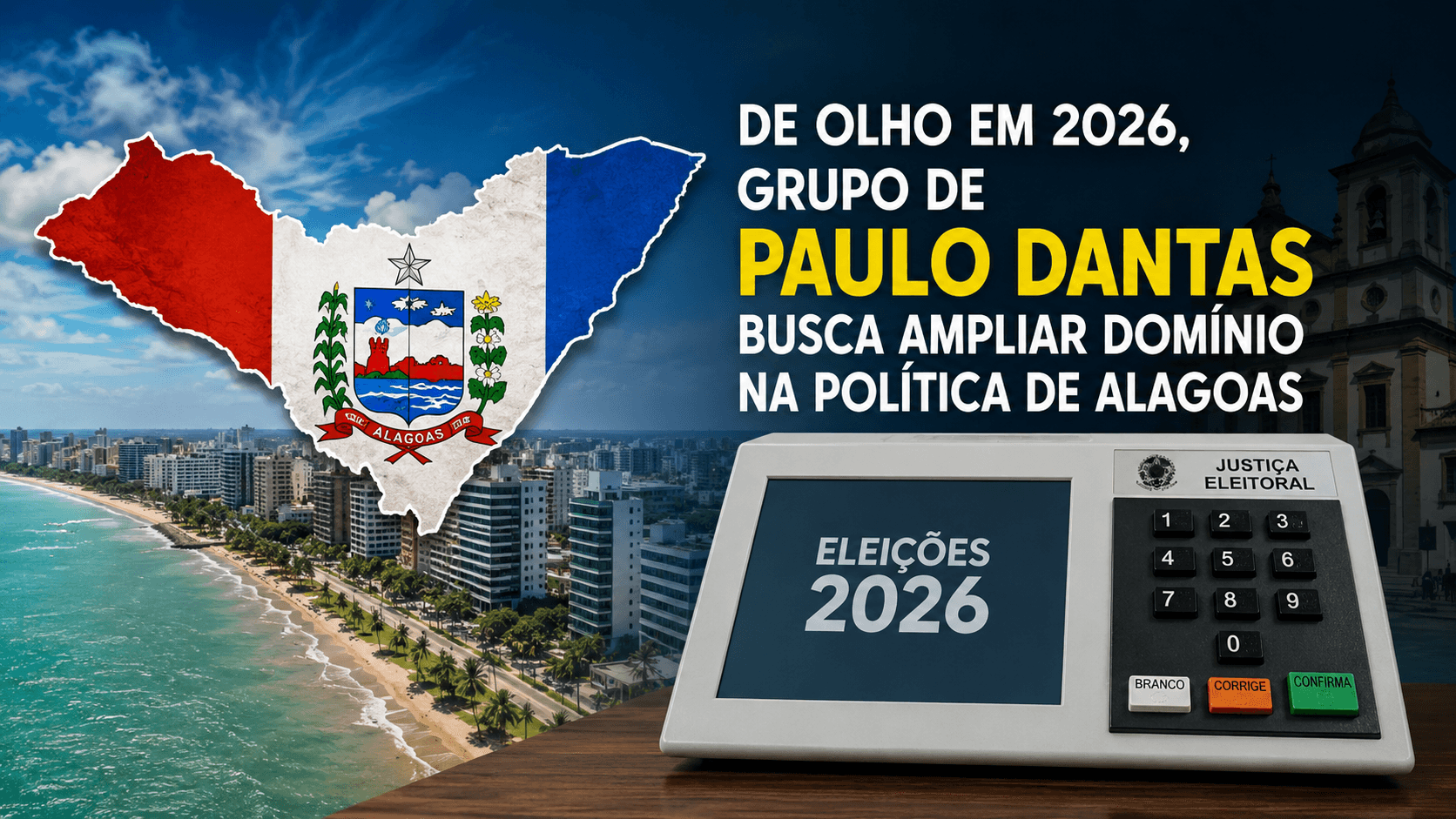 Capa editorial RT Notícias sobre o cenário político de Alagoas para as eleições de 2026