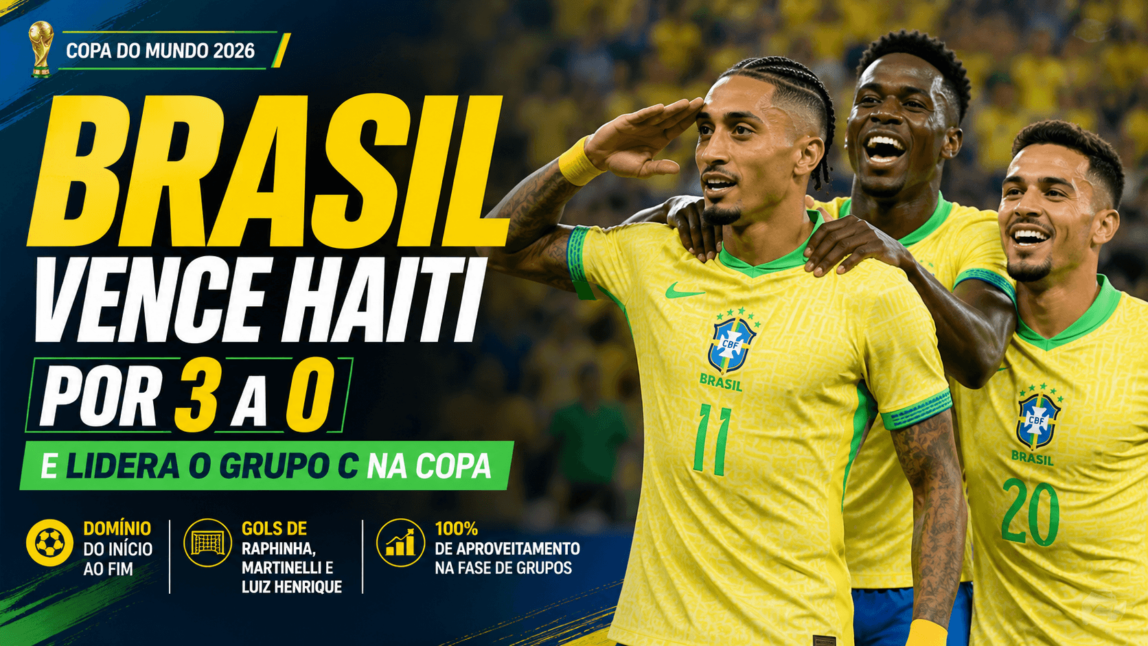 Capa editorial RT Notícias sobre a vitória do Brasil sobre a Escócia na Copa do Mundo 2026